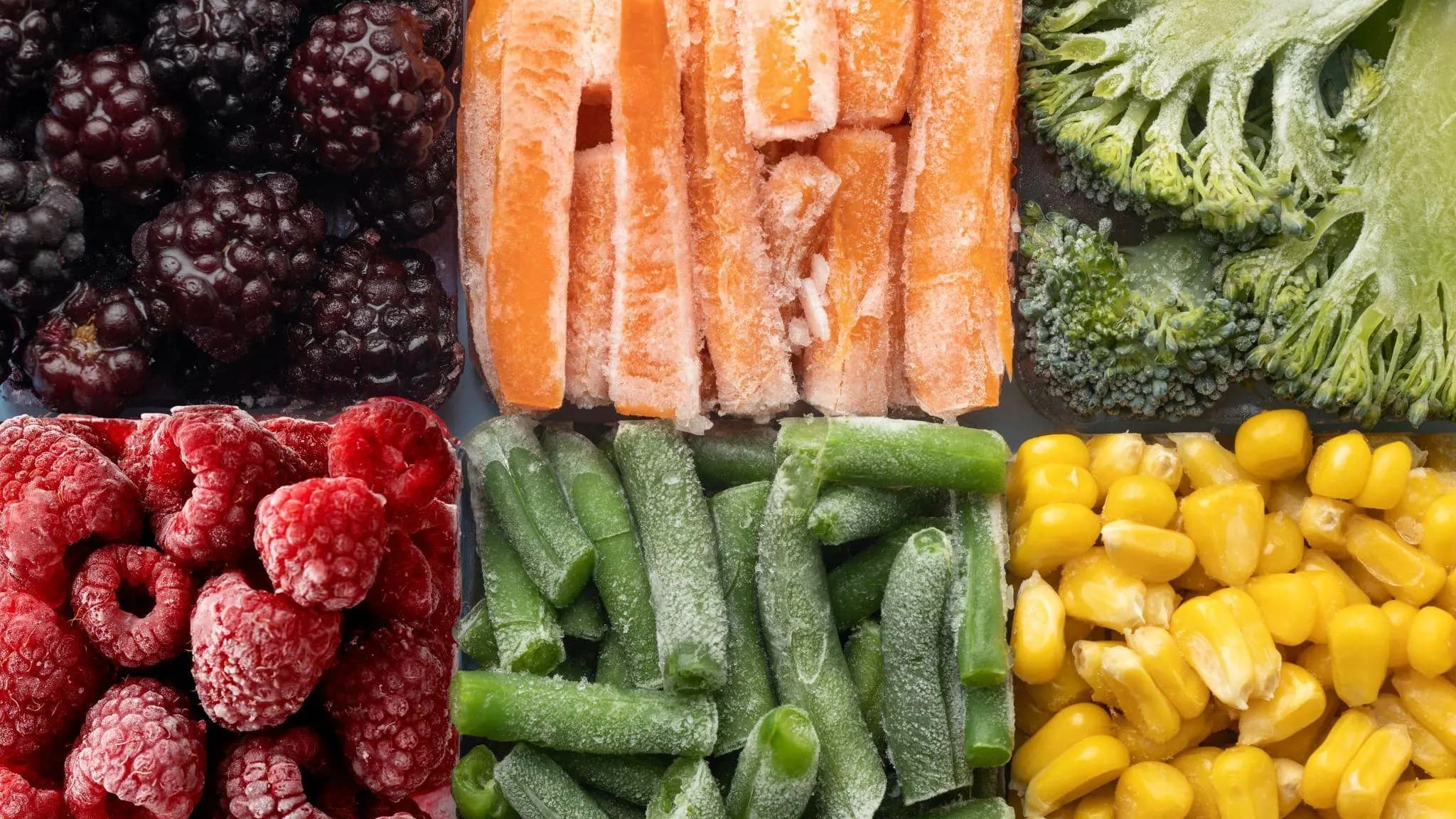 Frozen blackberries, carrots, broccoli, raspberries, green beans and corn